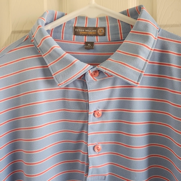 Peter Millar Summer Comfort Polo Shirt Blue Orange White Striped Size XL - Picture 4 of 8